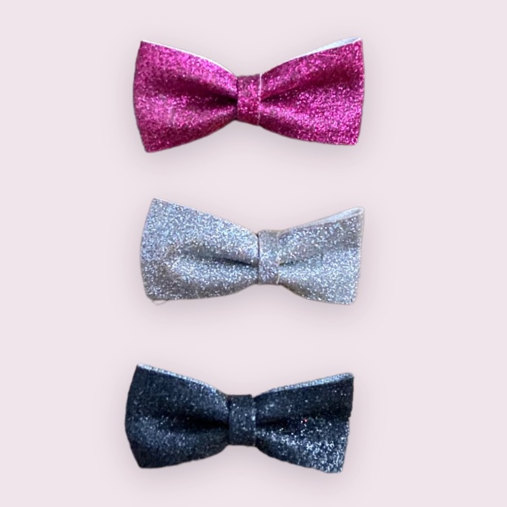 Hot Topic Mini Glitter Bow Hair Clips in Pink, Black and Silver